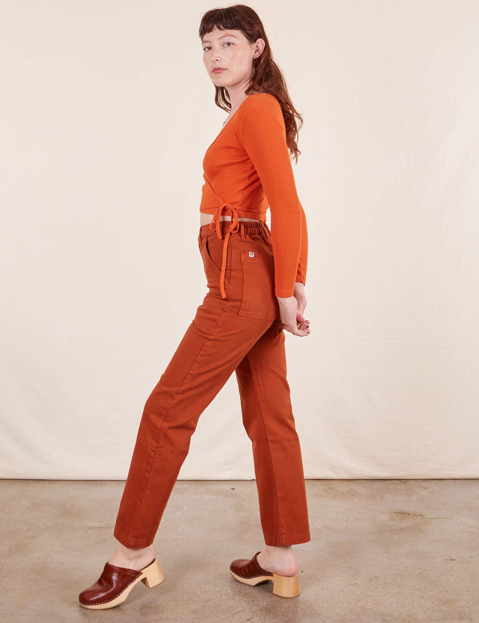 Side view of Work Pants in Burnt Terracotta on Alex