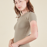 Side view of Baby Tee in Khaki Grey on Alex