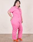 Short Sleeve Jumpsuit in Bubblegum Pink side view on Ashley
