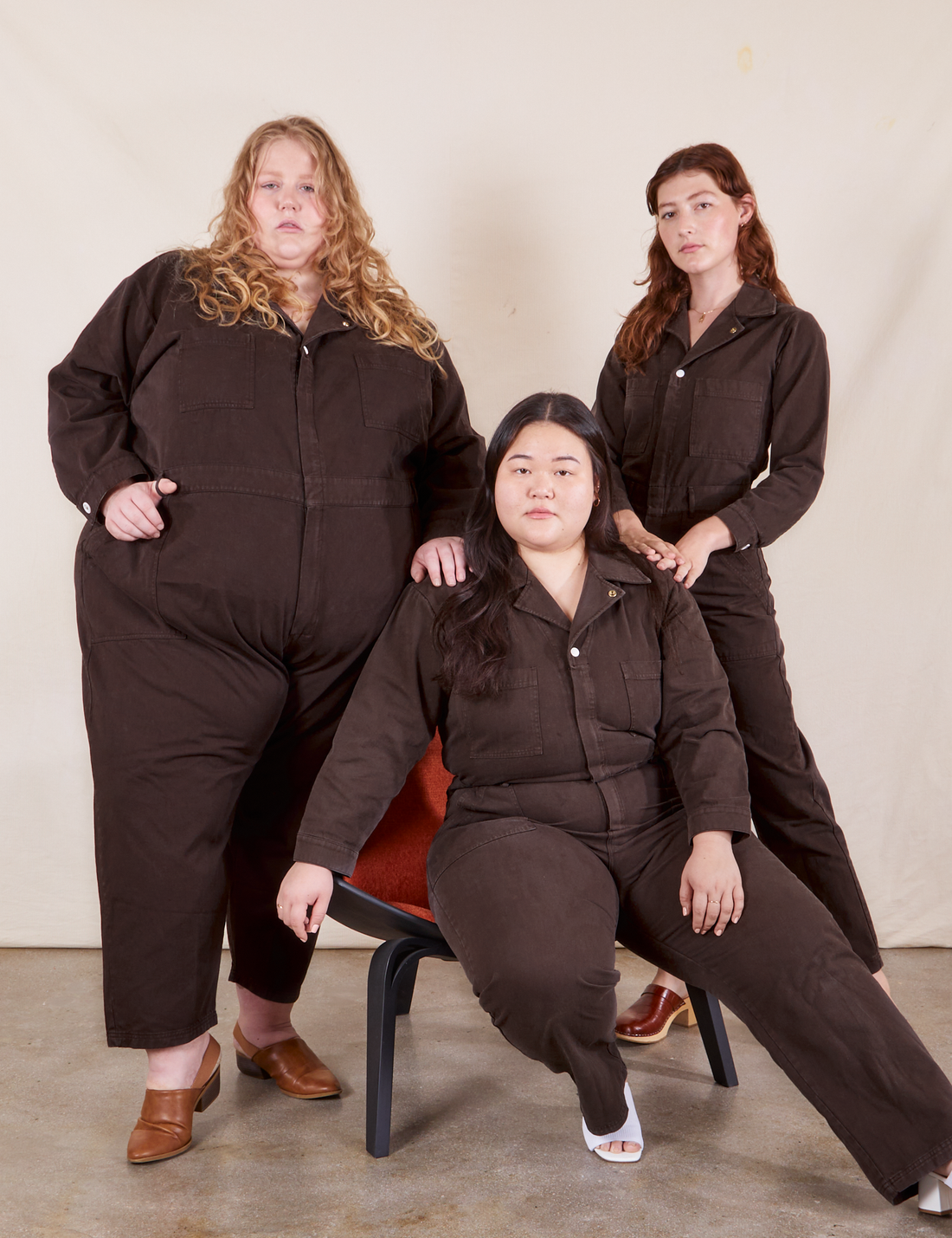 Everyday Jumpsuit in Espresso Brown on Ashley, Alex and Catie