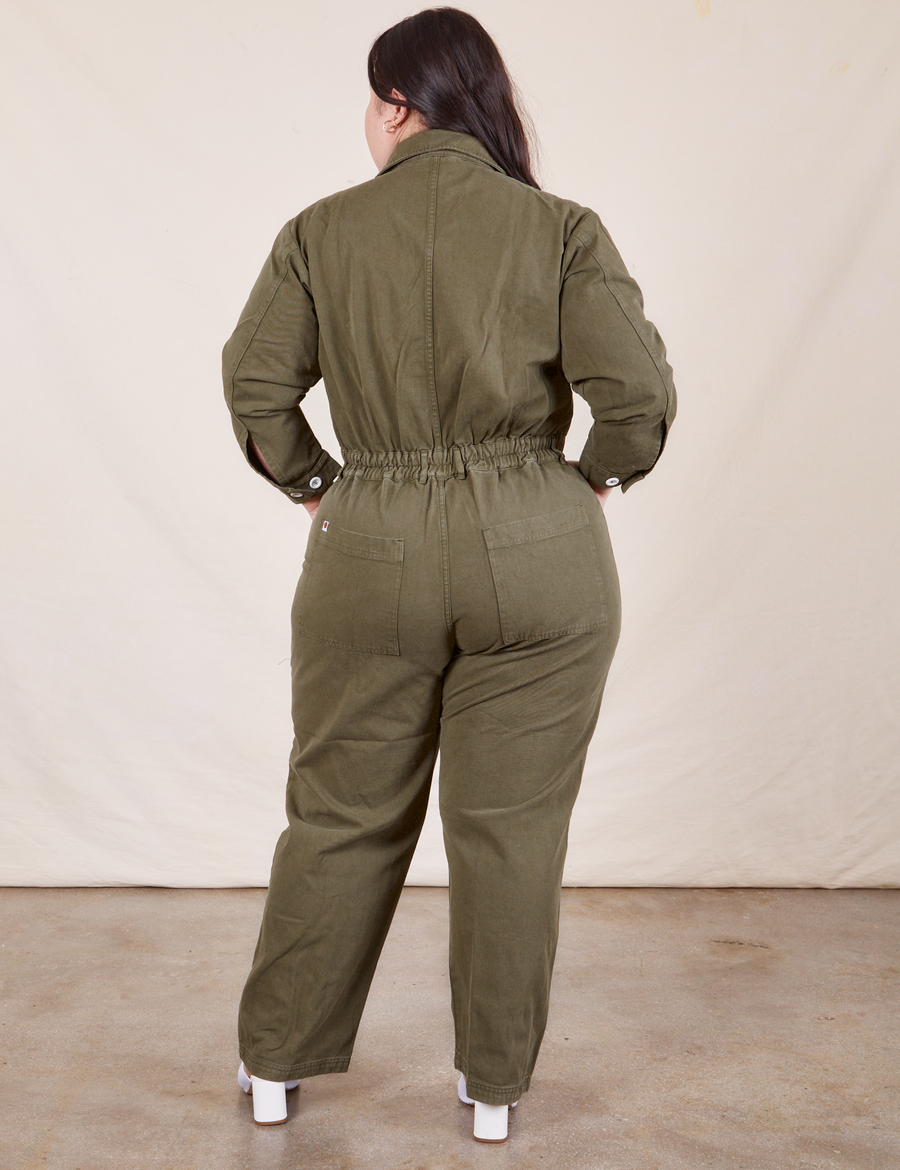 Back view of Everyday Jumpsuit in Surplus Green worn by Ashley