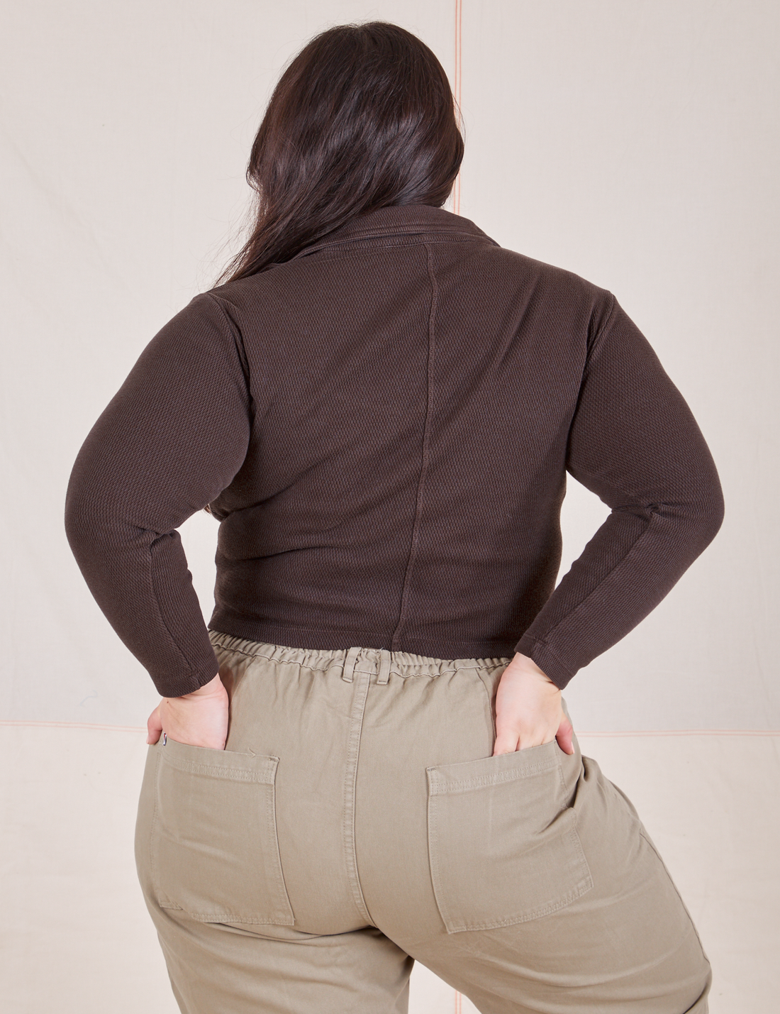 Back view of Long Sleeve Fisherman Polo in Espresso Brown worn by Ashley