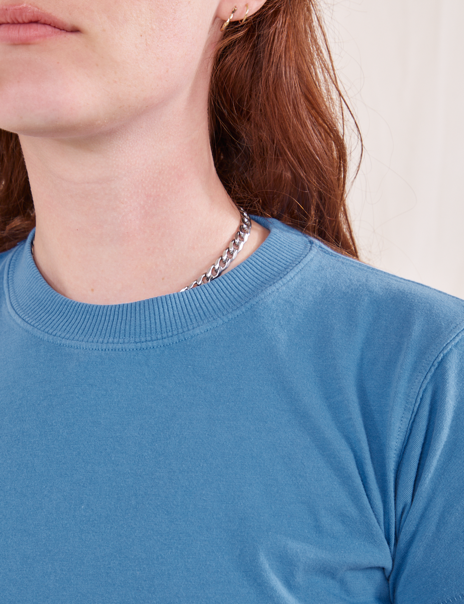 The Organic Vintage Tee in Greek Blue front close up on Alex