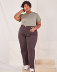 Morgan is wearing L Organic Vintage Tee in Khaki Grey paired with espresso brown Western Pants