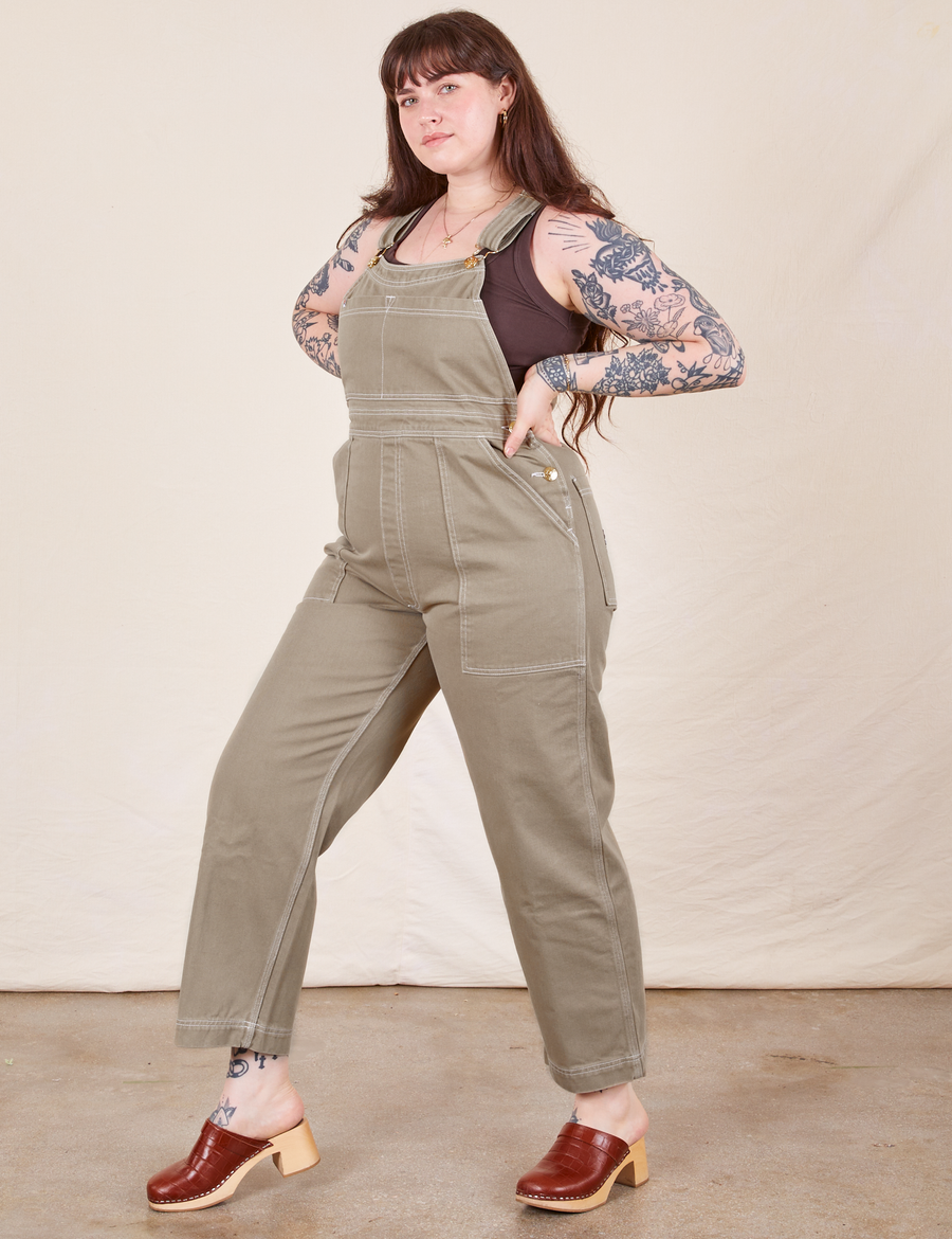 Angled view of Original Overalls in Khaki Grey worn by Sydney