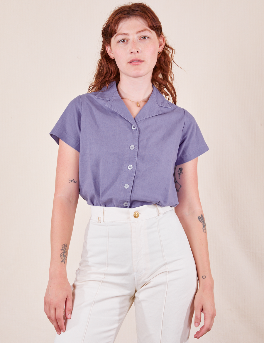 Pantry Button-Up in Faded Grape on Alex wearing vintage off-white Western Pants