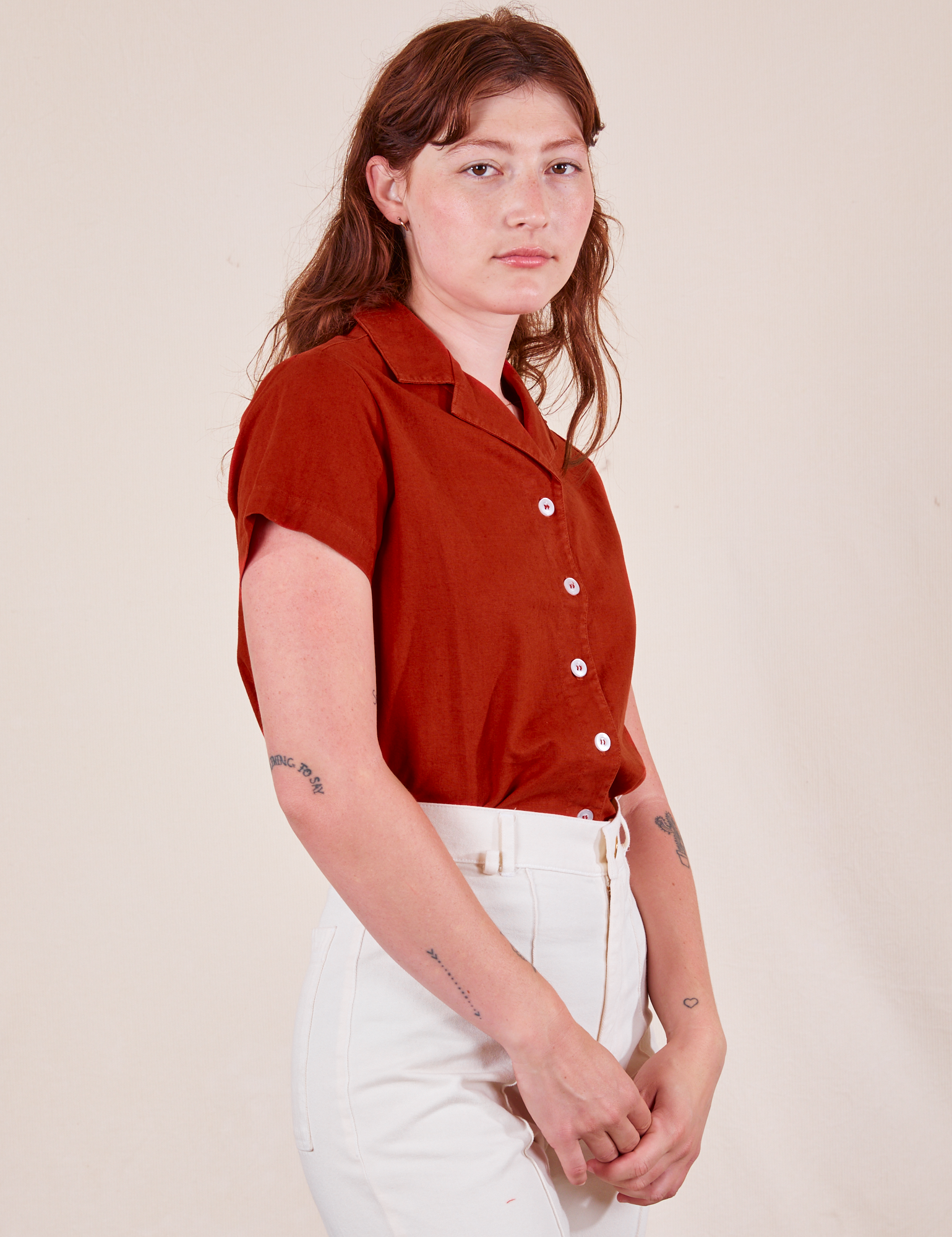 Side view of Pantry Button-Up in Paprika worn by Alex