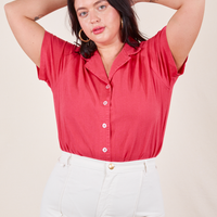 Pantry Button-Up in Hot Pink on Faye wearing vintage off-white Western Pants