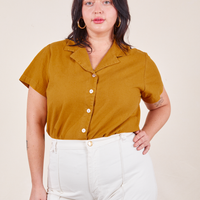 Pantry Button-Up in Spicy Mustard on Faye wearing vintage off-white Western Pants