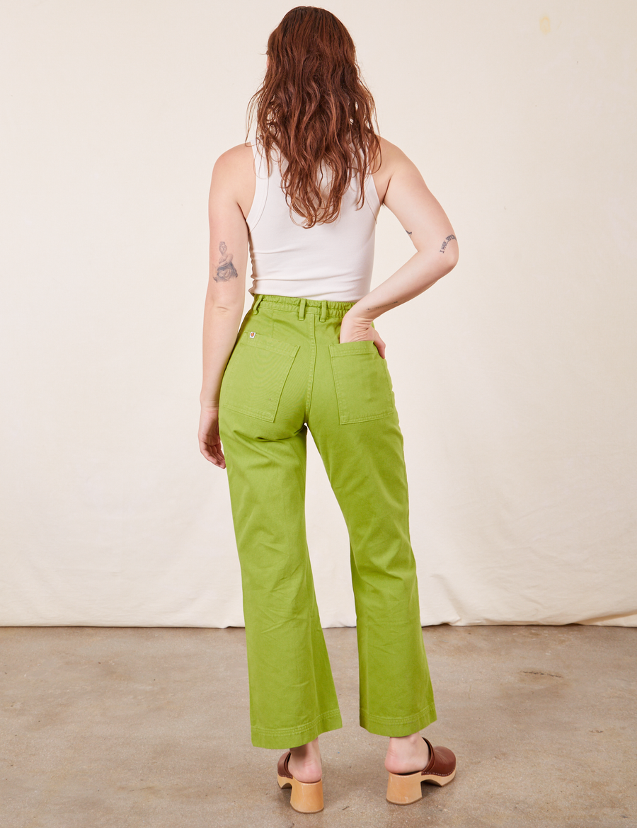Western Pants in Gross Green back view on Alex wearing vintage off-white Tank Top