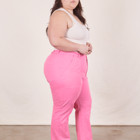 Work Pants in Bubblegum Pink side view on Ashley wearing vintage off-white Tank Top