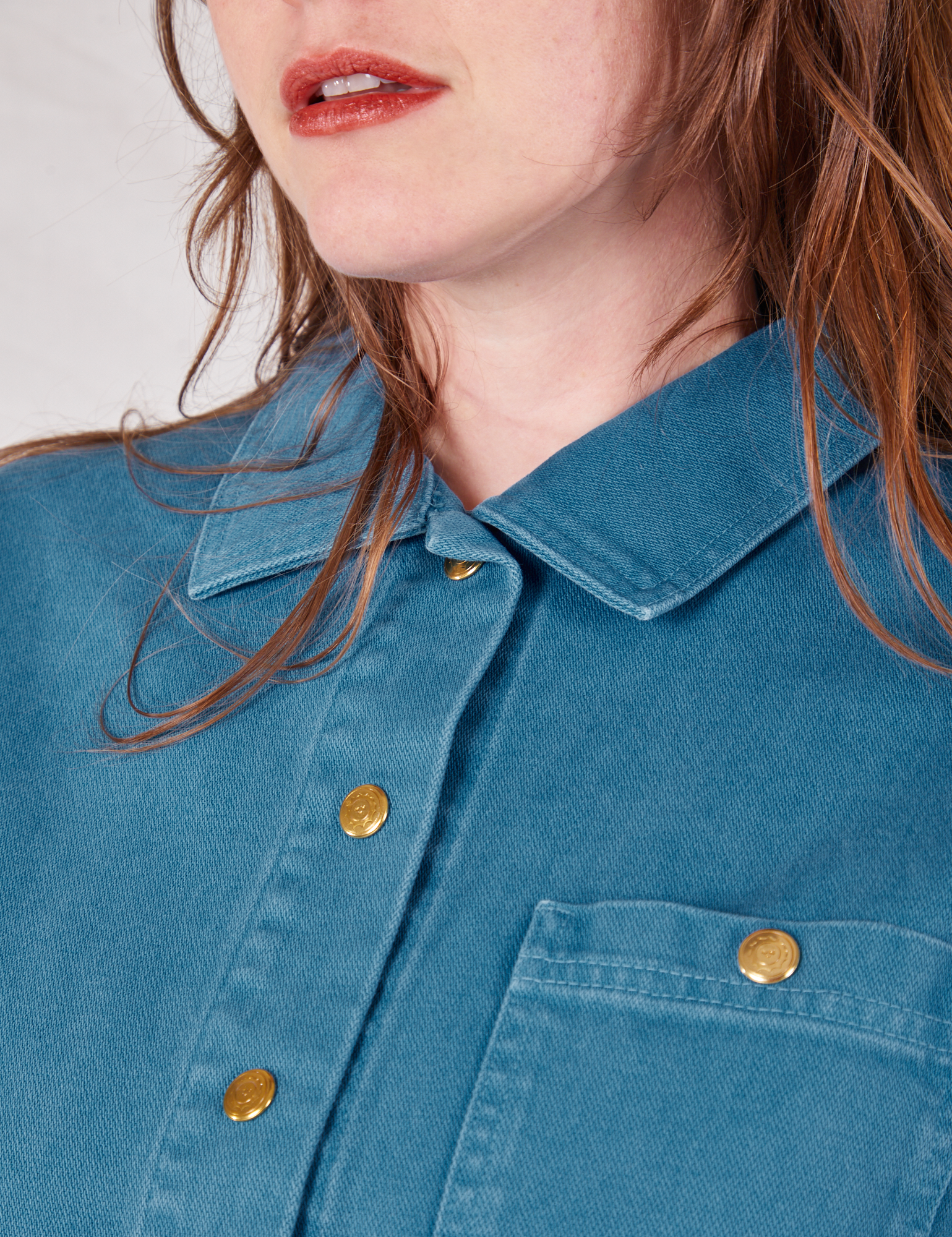 Front close up of Denim Work Jacket in Marine Blue on Allison