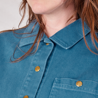 Front close up of Denim Work Jacket in Marine Blue on Allison