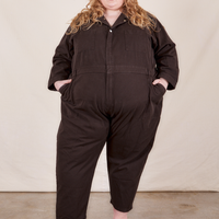 Catie is 5'11" and wearing 5XL Everyday Jumpsuit in Espresso Brown