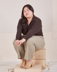 Ashely is wearing Long Sleeve Fisherman Polo in Espresso Brown and khaki grey Western Pants
