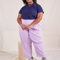 The Organic Vintage Tee in Navy Blue on Morgan wearing Lilac Purple trousers