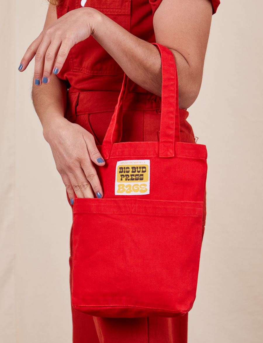 Mini Tote Bags in Mustang Red on model