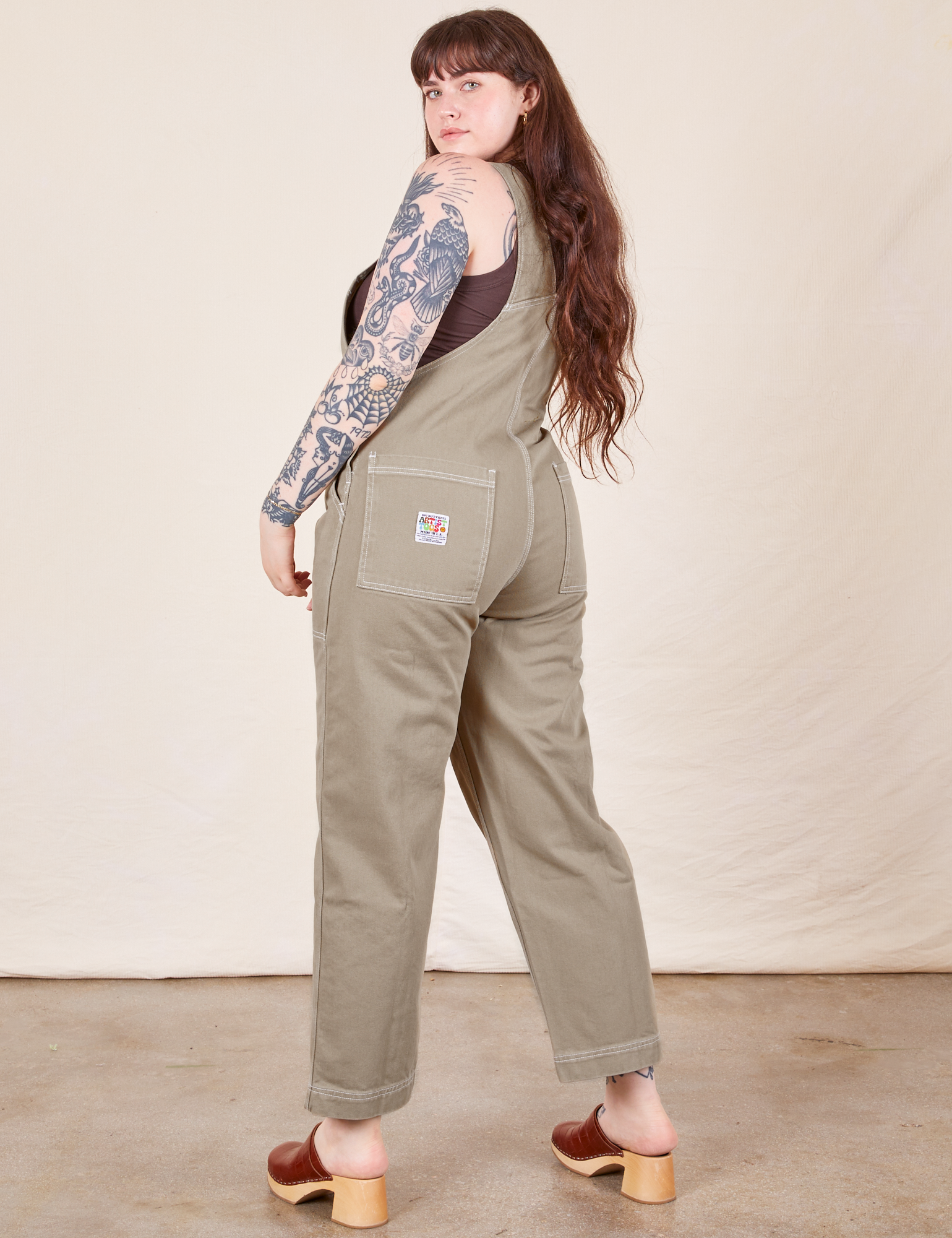 Back view of Original Overalls in Khaki Grey worn by Sydney