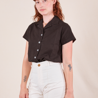 Pantry Button-Up in Espresso Brown on Alex wearing vintage off-white Western Pants