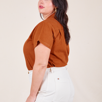 Side view of Pantry Button-Up in Burnt Terracotta worn by Faye