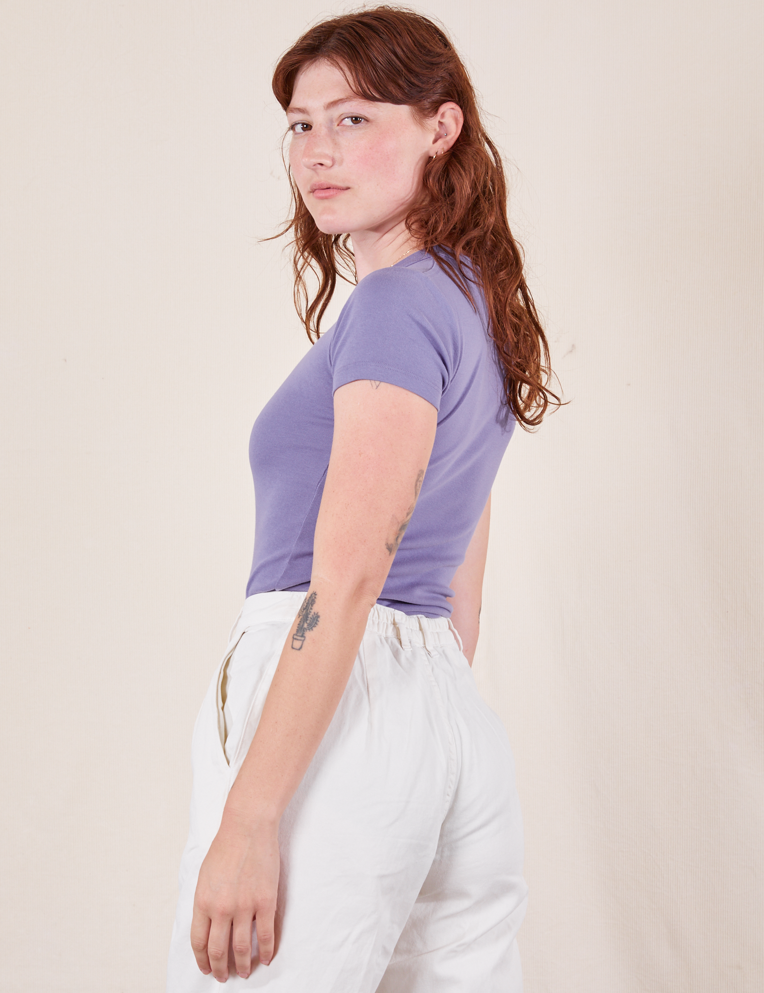 Side view of Baby Tee in Faded Grape on Alex