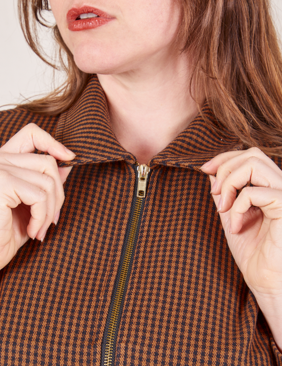 Ricky Jacket in  Brown Checker front close up on Allison holding collar