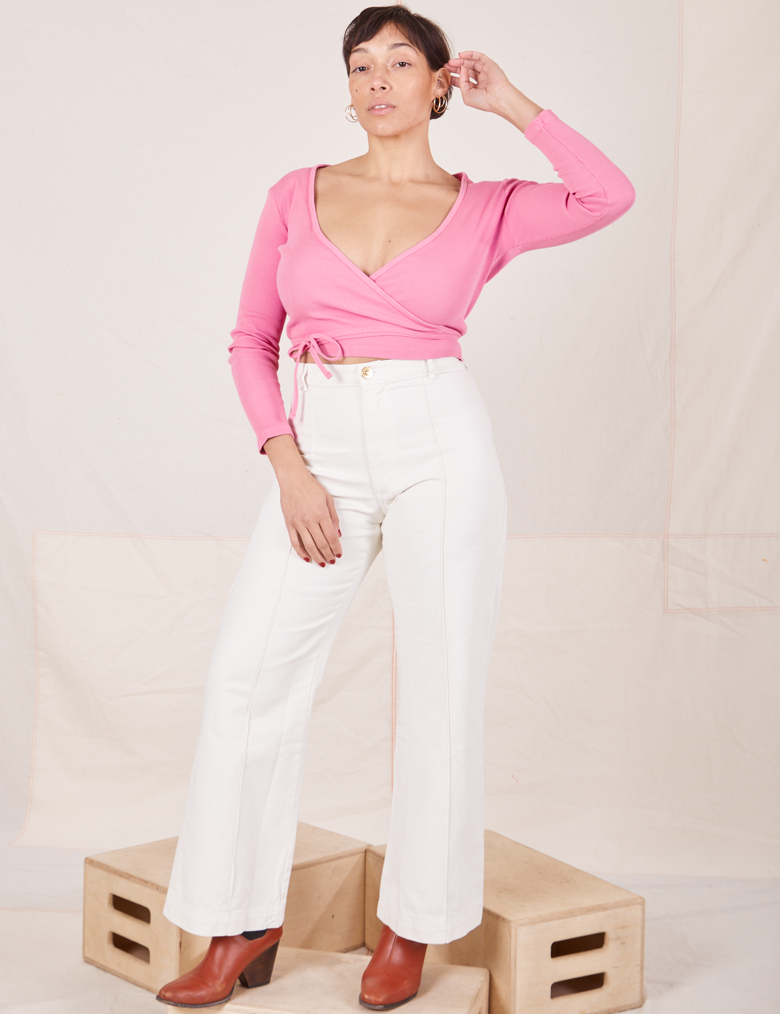 Wrap Top in Bubblegum Pink on Tiara wearing vintage off-white Western Pants