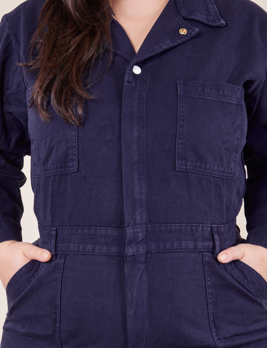 Front close up of Everyday Jumpsuit in Navy Blue worn by Ashley