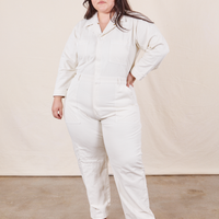 Ashley is 5'7" and wearing 1XL Everyday Jumpsuit in Vintage Tee Off-White