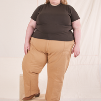Catie is wearing 3XL Organic Vintage Tee in Espresso Brown paired with tan Work Pants
