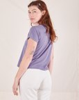 Angled back view of Organic Vintage Tee in Faded Grape worn by Alex