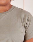 The Organic Vintage Tee in Khaki Grey front close up on Morgan
