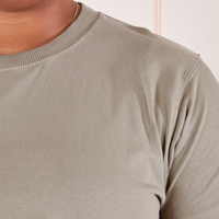 The Organic Vintage Tee in Khaki Grey front close up on Morgan