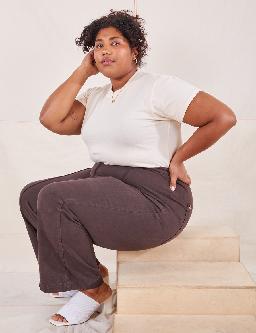 The Organic Vintage Tee in Vintage Off White on Morgan wearing espresso brown Western Pants