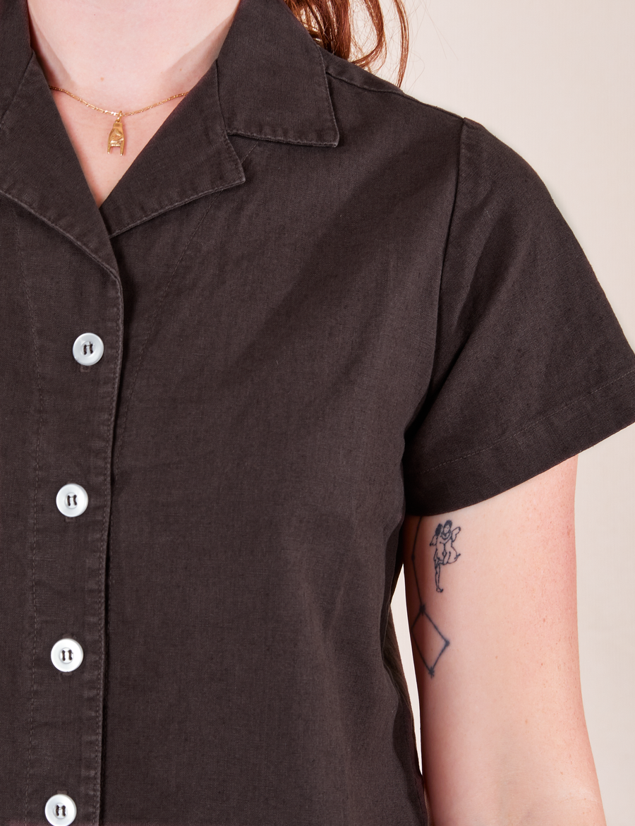 Pantry Button-Up in Espresso Brown front close up on Alex