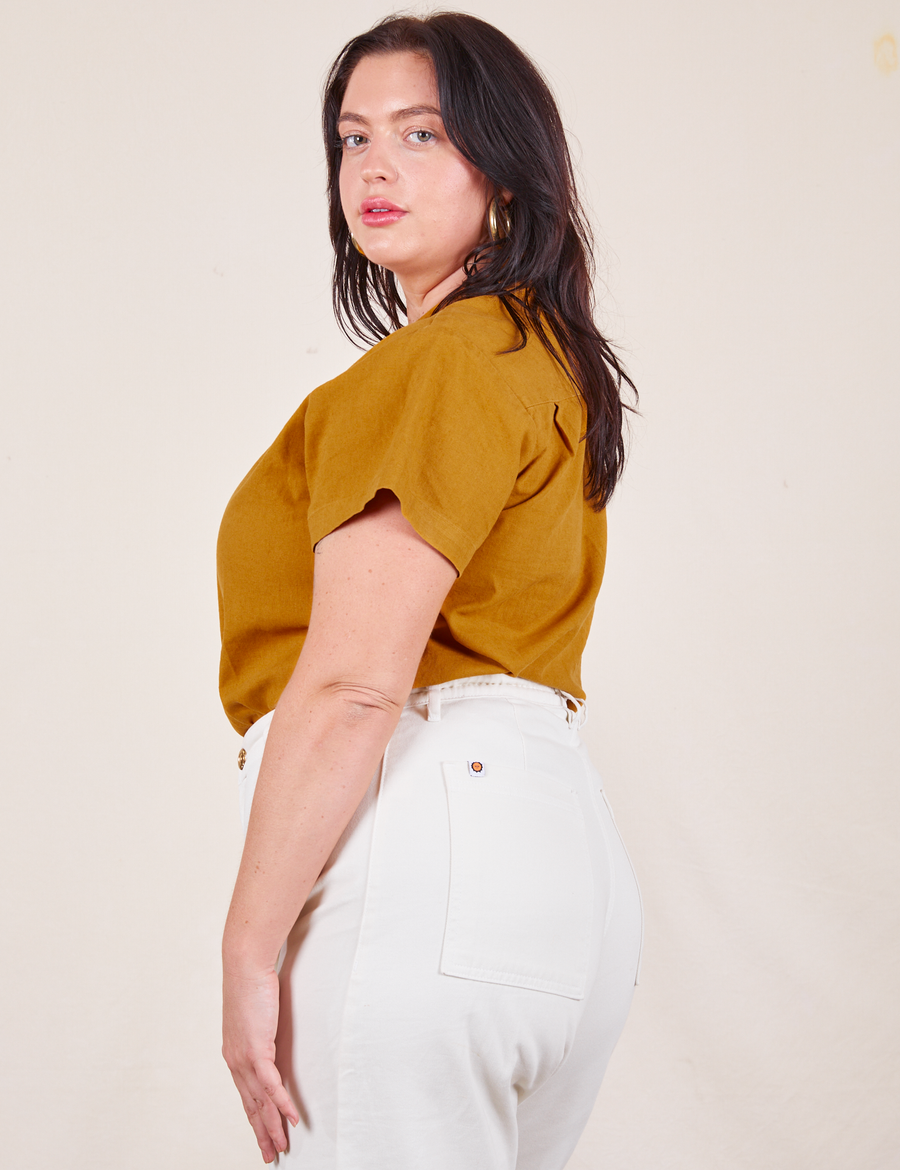 Pantry Button-Up in Spicy Mustard side view on Faye wearing vintage off-white Western Pants