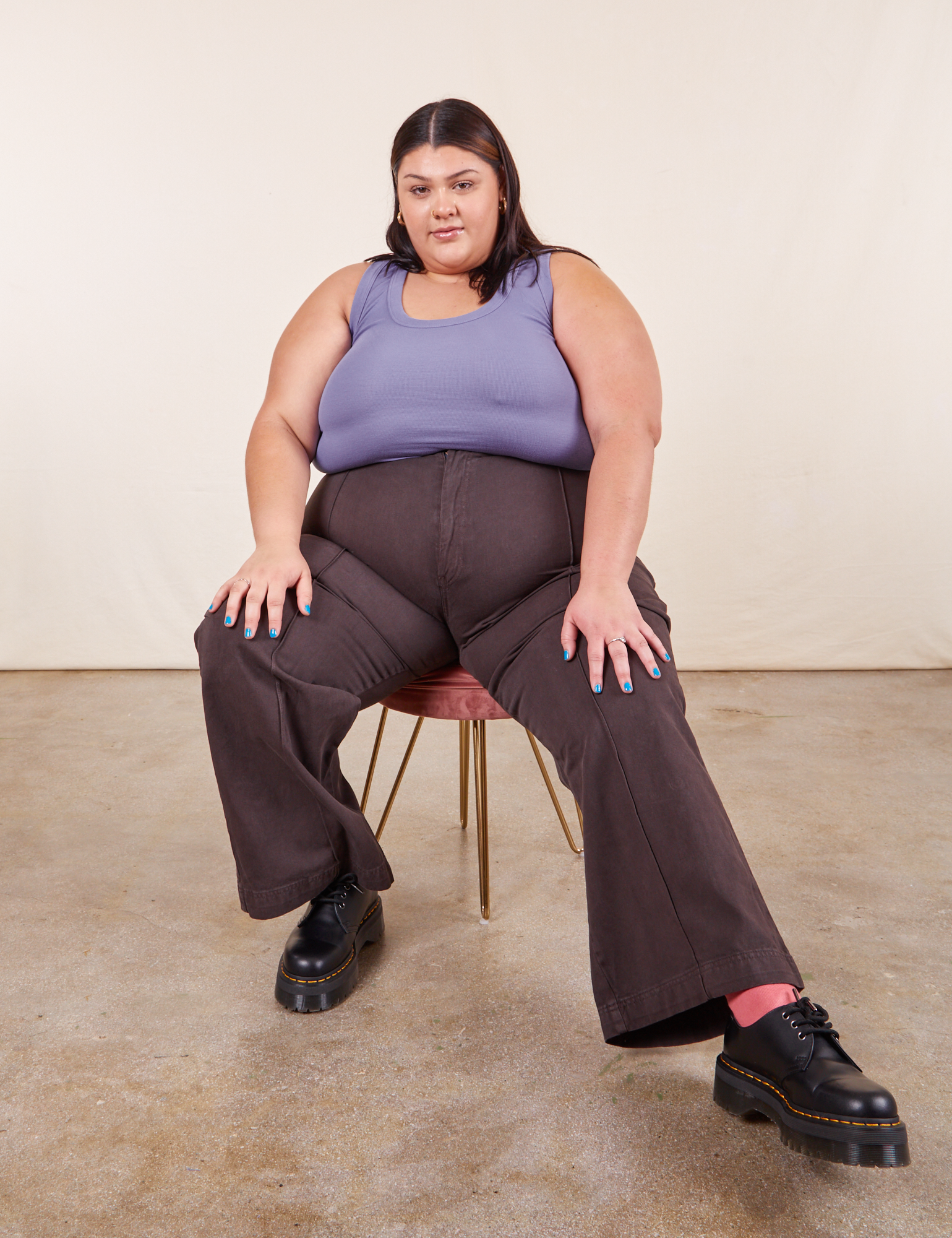Sarita is wearing Tank Top in Faded Grape and espresso brown Western Pants