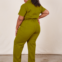 Back view of Short Sleeve Jumpsuit in Olive Green worn by Morgan