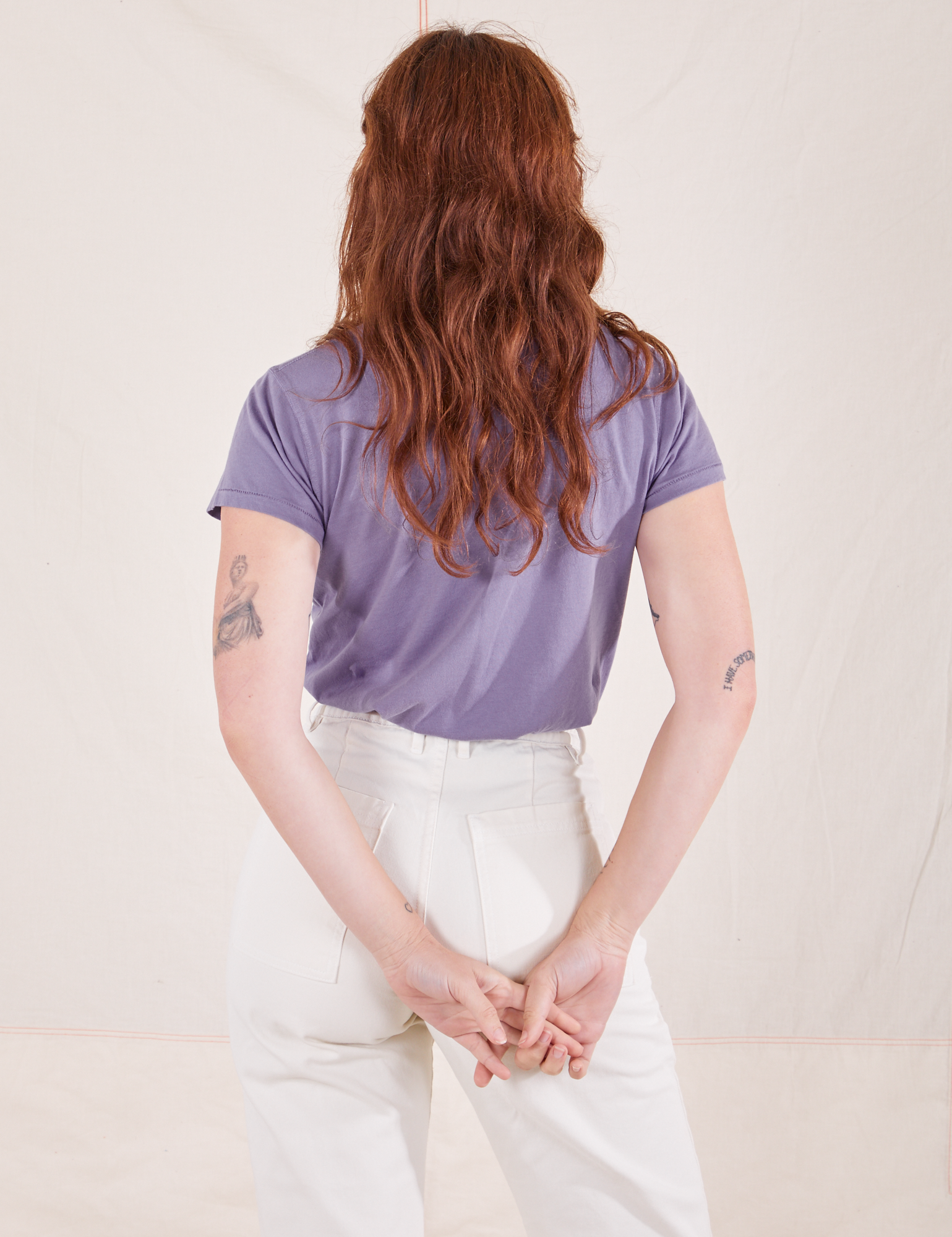 Back view of Organic Vintage Tee in Faded Grape worn by Alex