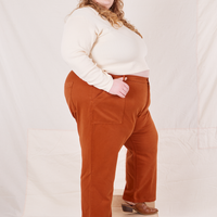 Organic Work Pants in Burnt Terracotta side view on Catie wearing vintage off-white Long Sleeve Fisherman Polo