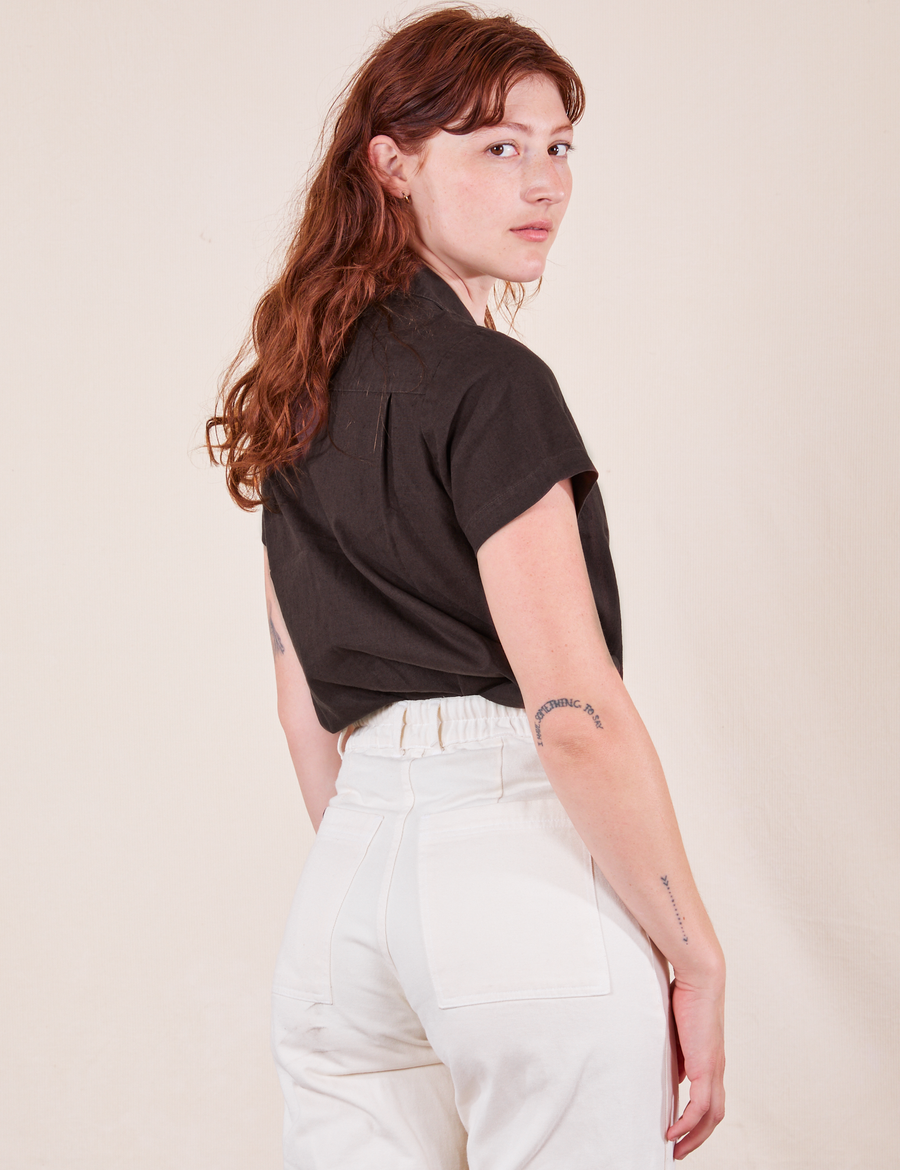 Pantry Button-Up in Espresso Brown back view on Alex wearing vintage off-white Western Pants