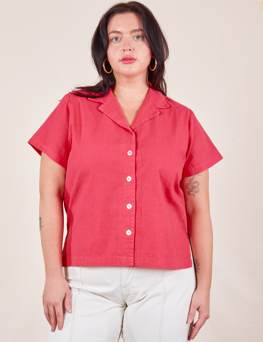 Pantry Button-Up in Hot Pink on Faye wearing vintage off-white Western Pants