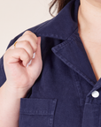 Short Sleeve Jumpsuit in Navy Blue collar close up on Ashley