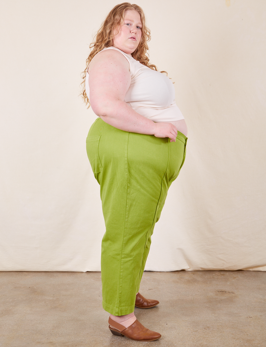 Western Pants in Gross Green side view on Catie wearing vintage off-white Tank Top