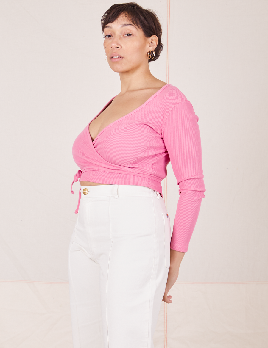 Wrap Top in Bubblegum Pink side view on Tiara wearing vintage off-white Western Pants
