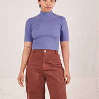 1/2 Sleeve Essential Turtleneck in Faded Grape on Mika wearing fudgesicle brown Bell Bottoms