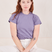 The Organic Vintage Tee in Faded Grape on Alex wearing vintage off-white Western Pants
