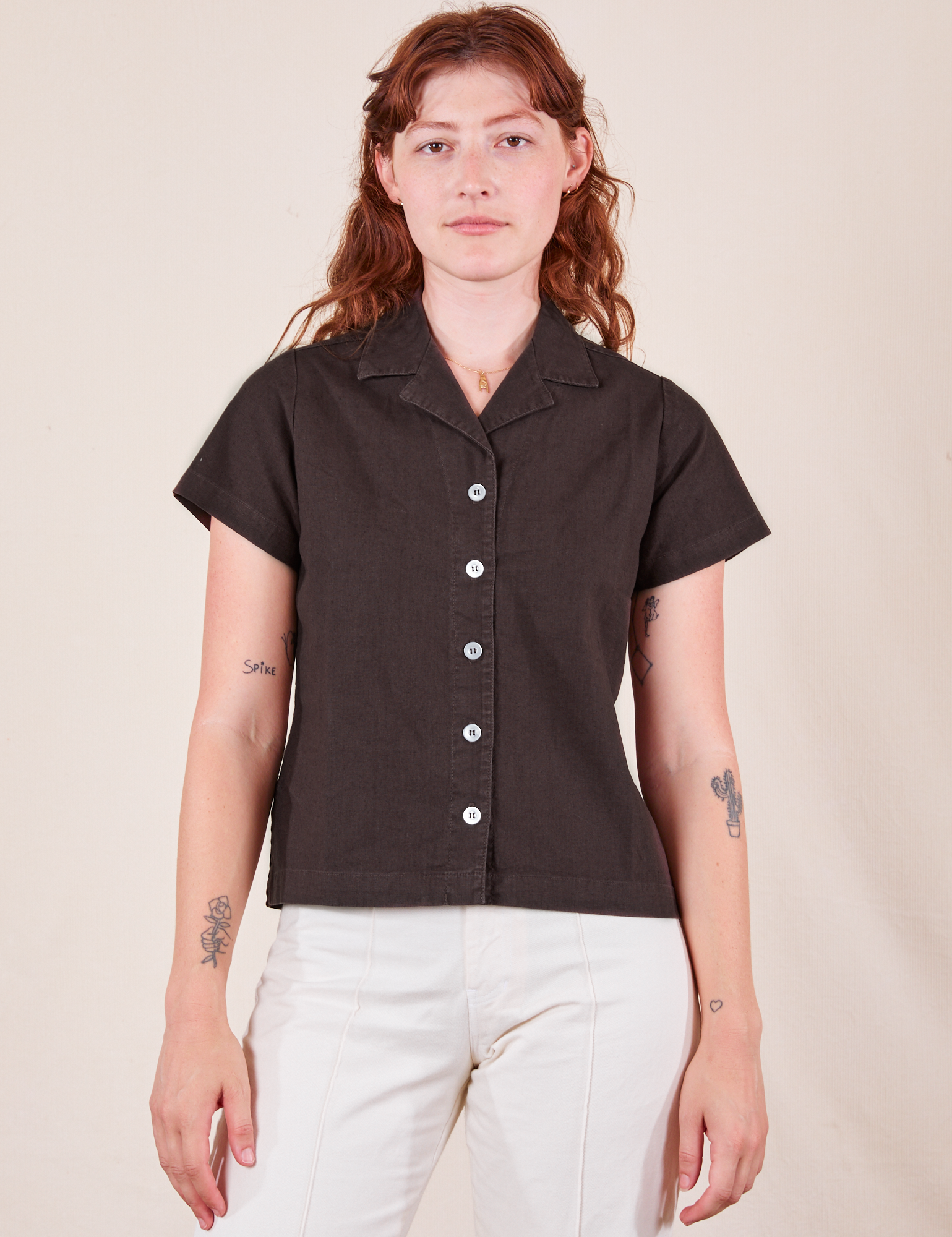 Alex is wearing Pantry Button-Up in Espresso Brown