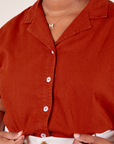 Front close up of Pantry Button-Up in Paprika worn by Morgan
