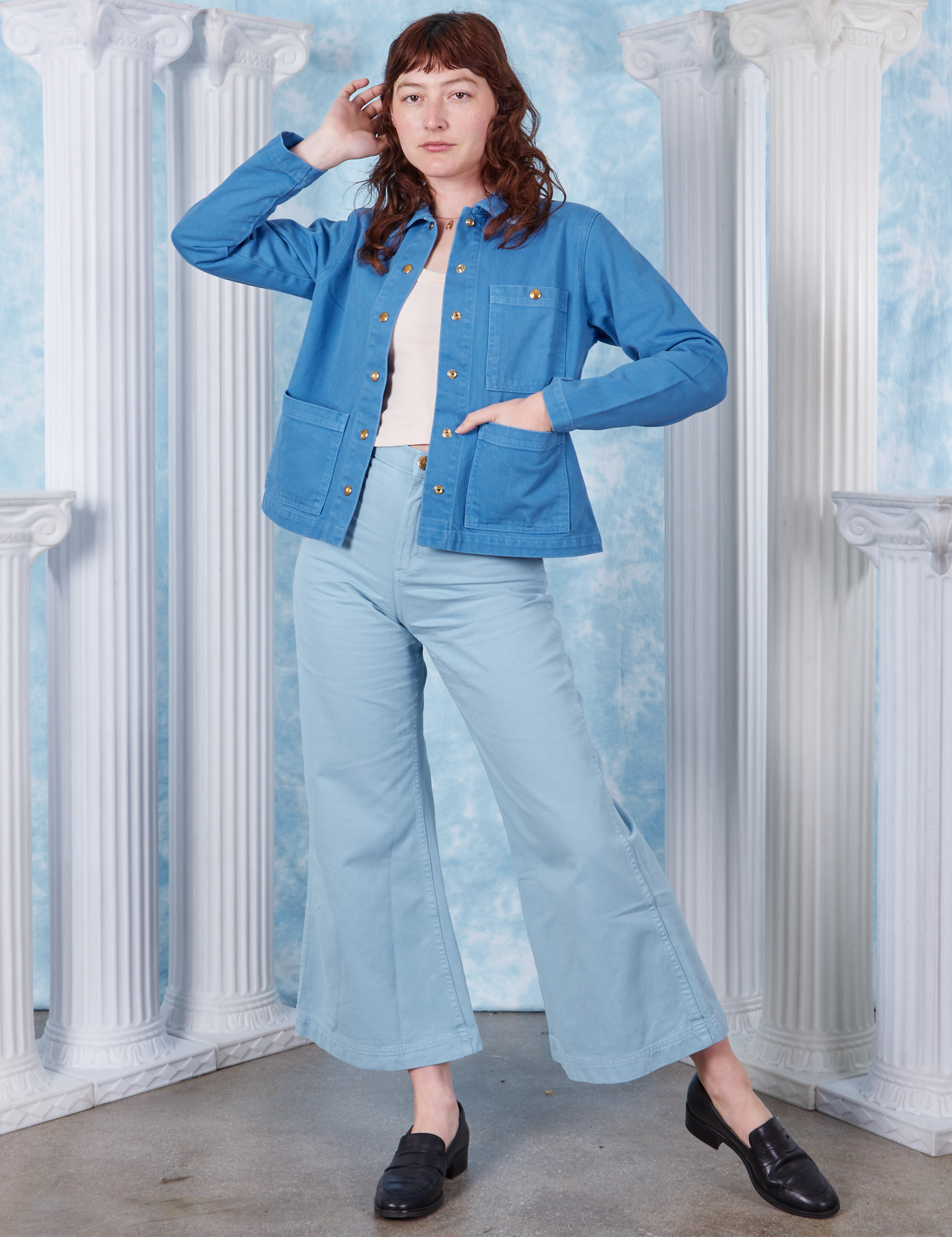 Neoclassical Work Jacket in Blue Venus on Alex wearing vintage off white Tank Top and baby blue Bell Bottoms